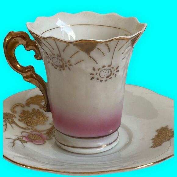 Occupied Japan Demitasse Cup & Japanese Saucer Hand Painted Pink and Gold - Picture 9 of 11
